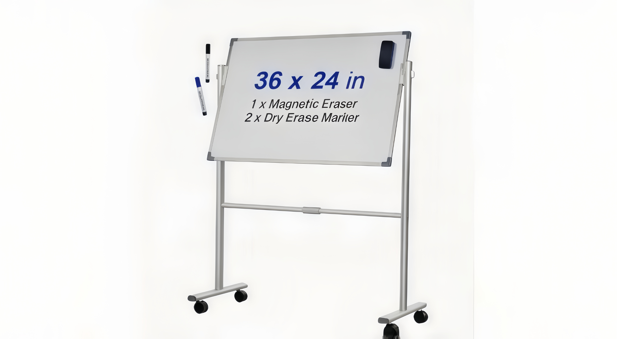 Rolling white board with 36 x 24 inch surface and included markers and eraser