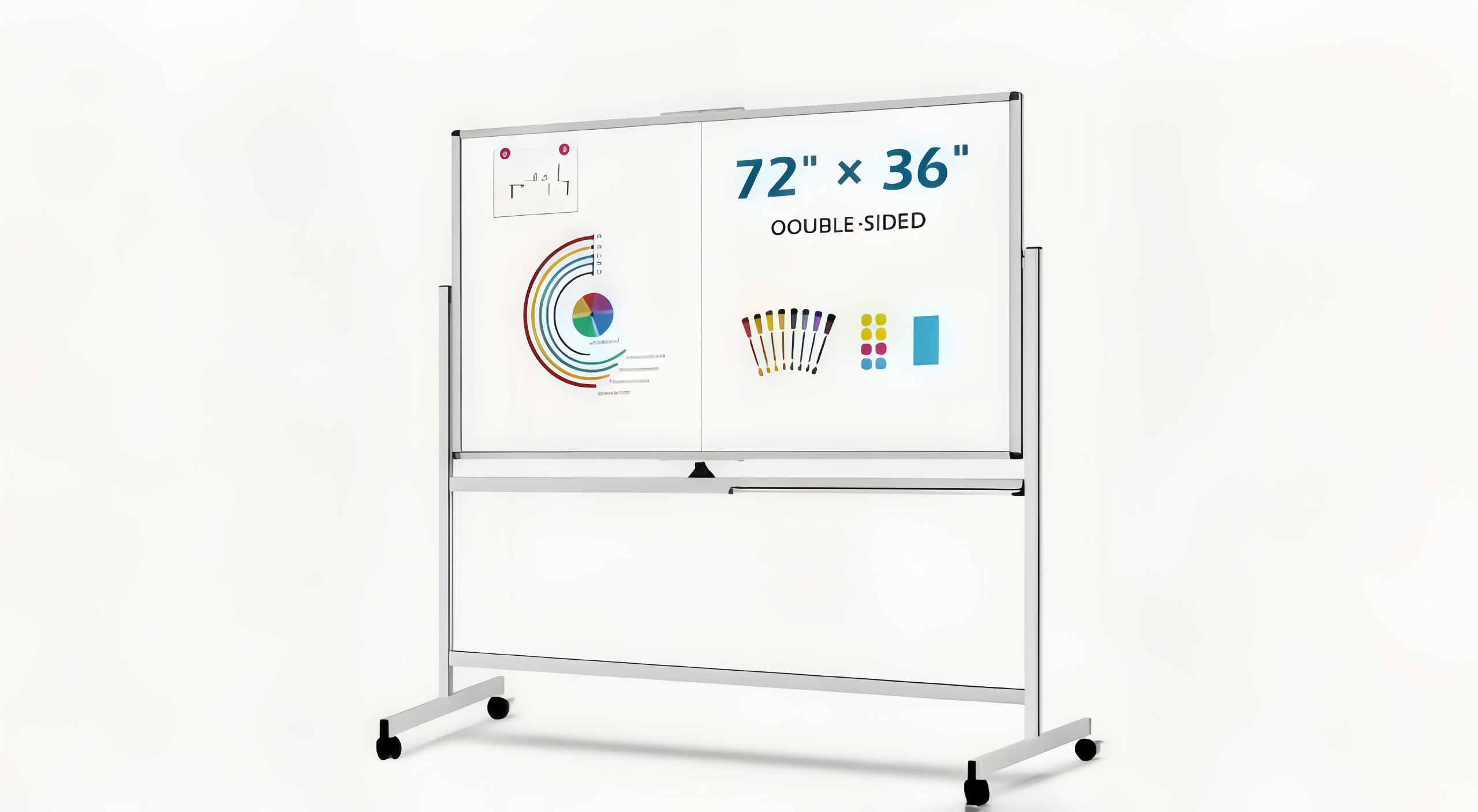 Double-sided rolling white board measuring 72 x 36 inches with colorful graphics and charts.
