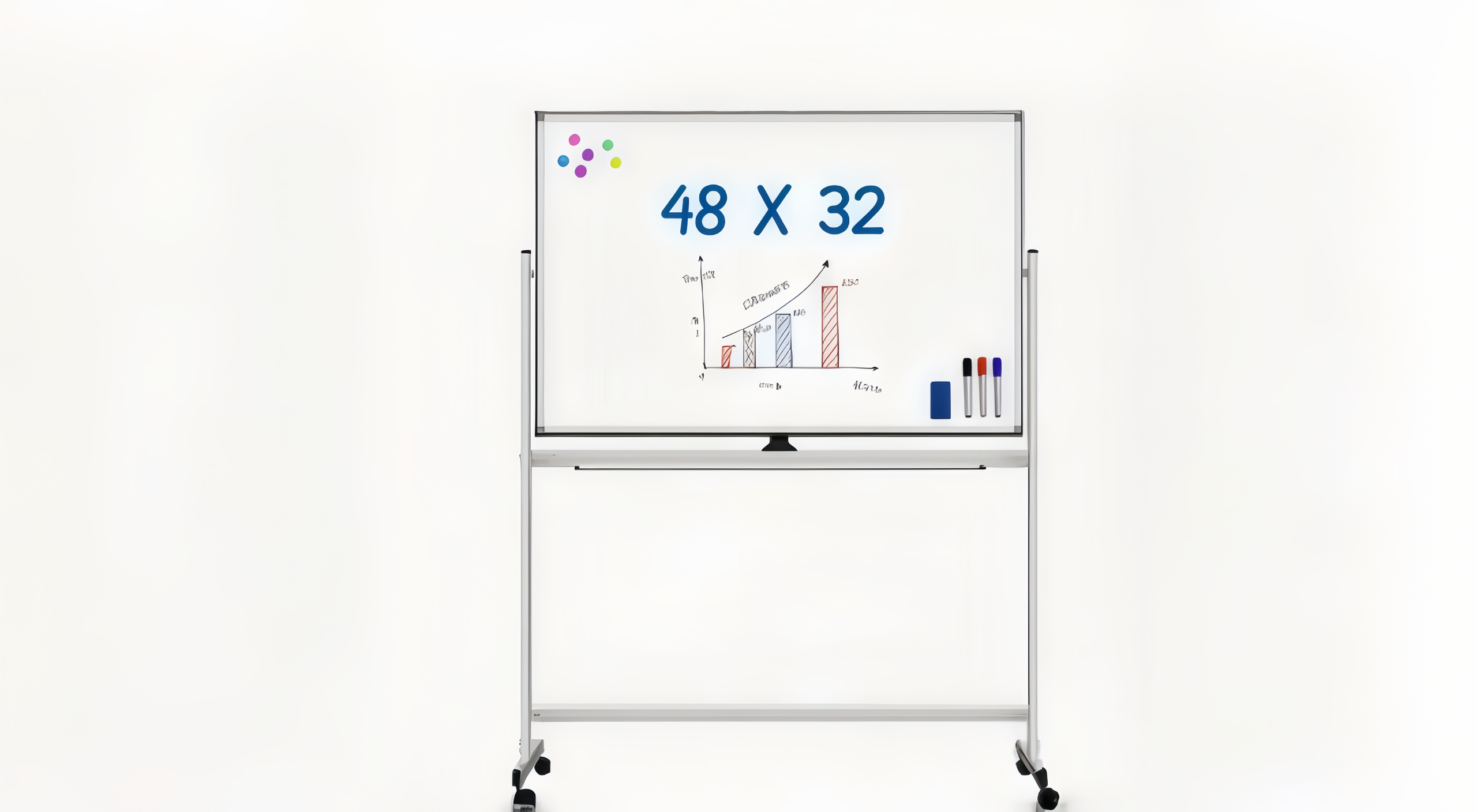 Rolling white board with colorful graphs and markers displayed in a bright classroom setting