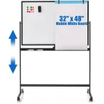 Rolling white board on adjustable stand with paper pad and colorful markers