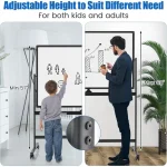 Adjustable rolling white board with child and adult using it at different heights