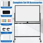 Rolling white board with markers, eraser, magnets, clips, and writing paper accessories