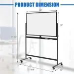 Rolling white board dimensions displayed with height and width measurements in an office setting