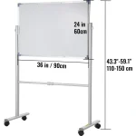 Rolling white board on adjustable stand with wheels, dimensions 24x36 inches.