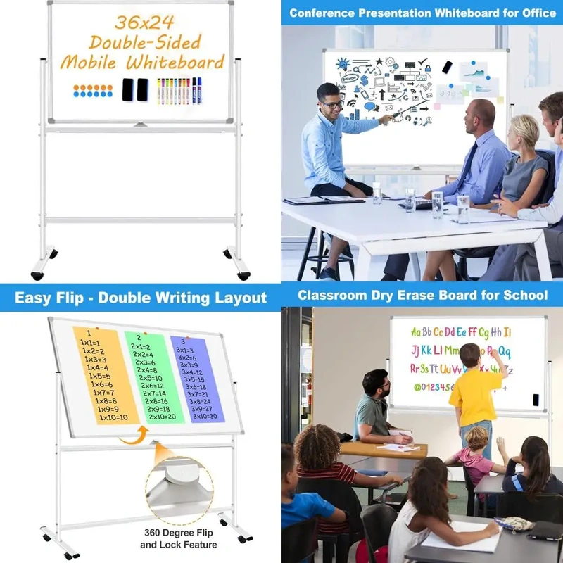 magnetic-rolling-whiteboard-with-stand-banner-1 Double-sided rolling white board used in a classroom for presentations and lessons