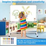 Child drawing a colorful bunny on a rolling white board in a bright classroom setting