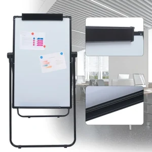 Rolling white board with black frame and documents attached in modern office setting