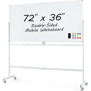 Double-sided rolling white board with colorful markers and eraser on a mobile stand