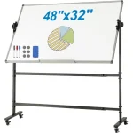 Rolling white board with a pie chart illustration and markers on display