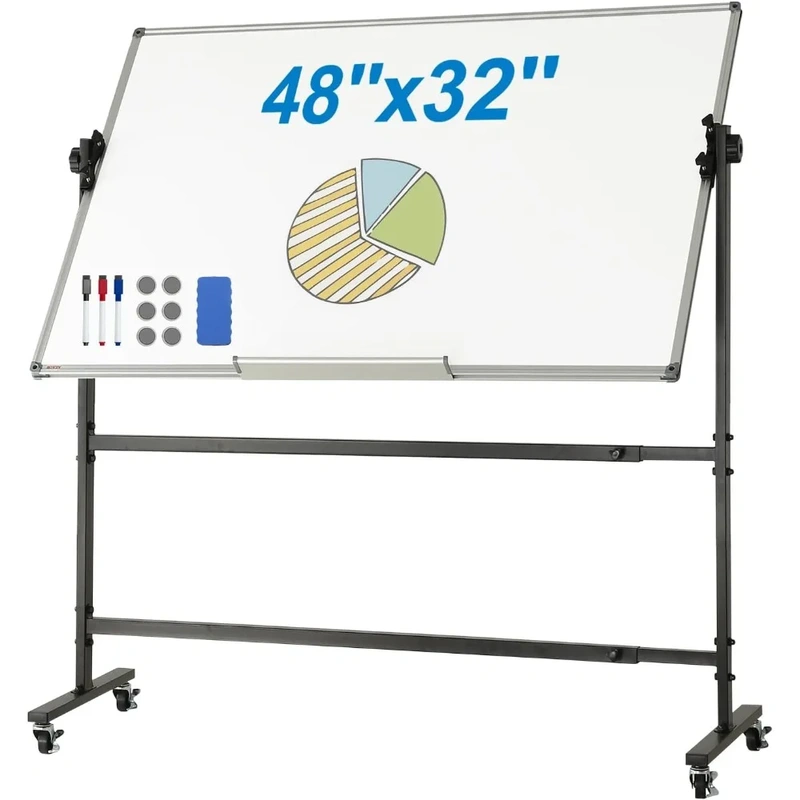 premium-magnetic-rolling-whiteboard-with-360-rotation-banner-1 Rolling white board with a pie chart illustration and markers on display