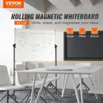 Rolling white board in modern office setting with white chairs and presentation screen