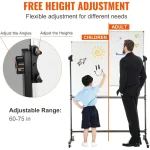 Adjustable rolling white board with child and adult demonstrating height settings